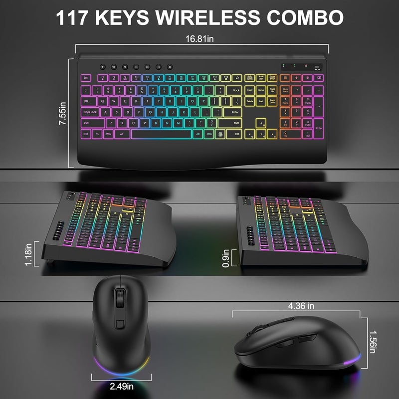 EDJO Wireless Keyboard and Mouse Combo, 9 Backlit Effects, Rechargeable 4000mAh Backlit Keyboard with Wrist Rest, 6 Button Mouse, 2.4G Full Size Quiet Keyboard Set for Computer, PC, Laptop, Mac, Windows - Image 4